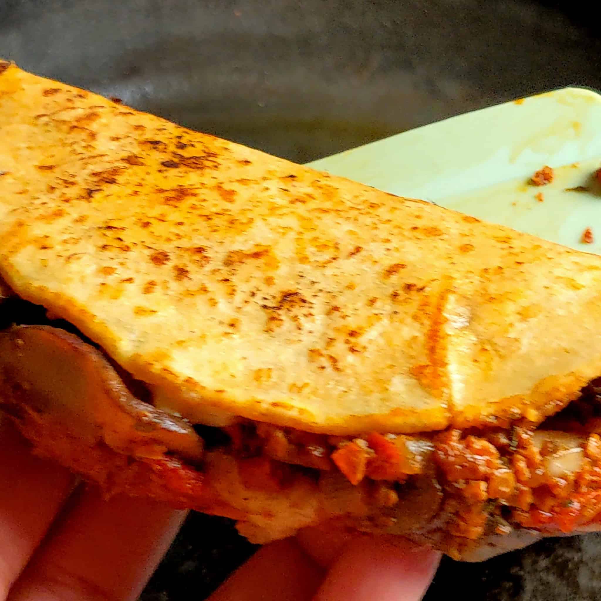 close up of finished Vegetarian Birria Style Taco held in held.